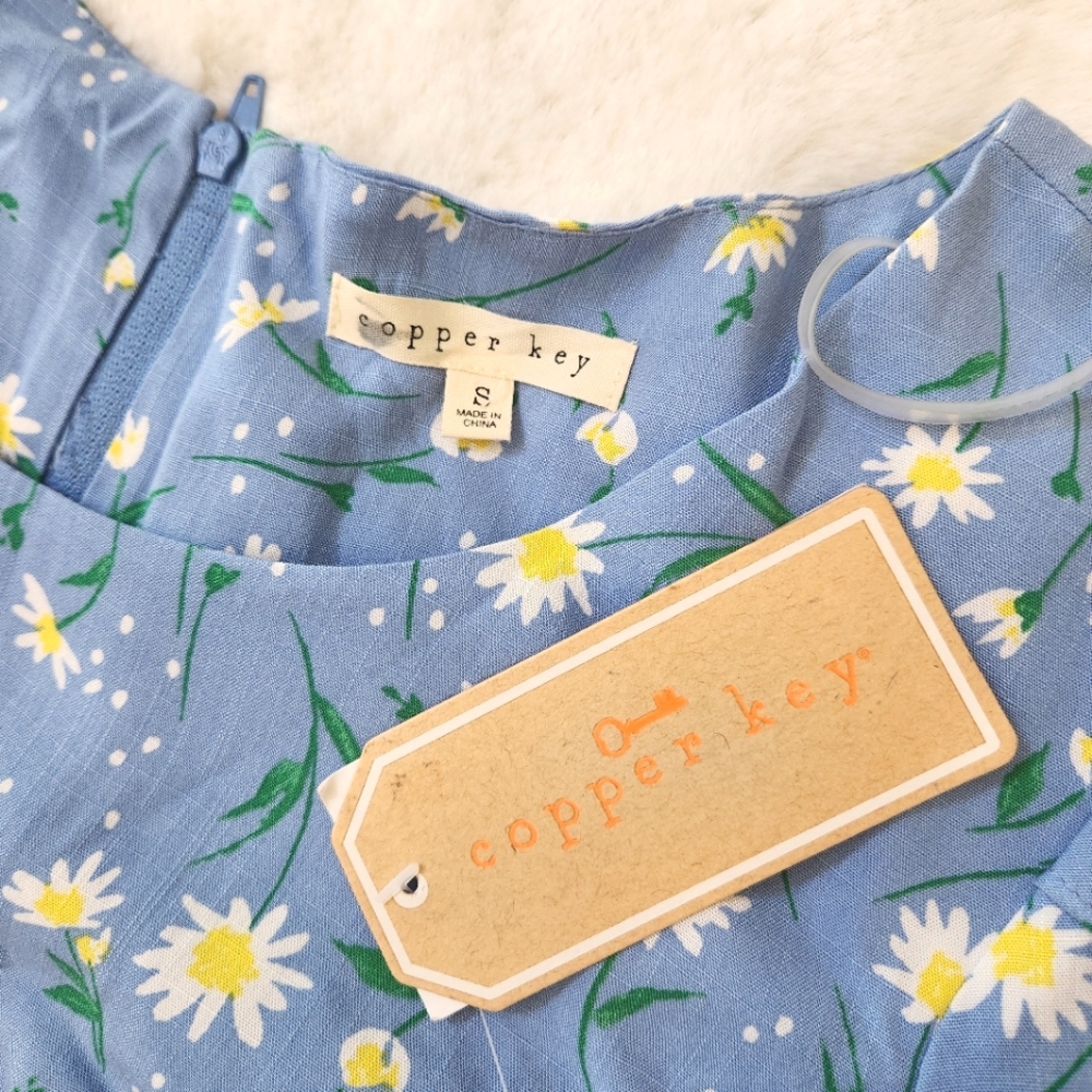 Copper Key Women's Blue Mini Dress S Floral Daisy Cottage Core Lined Summer - Picture 4 of 13